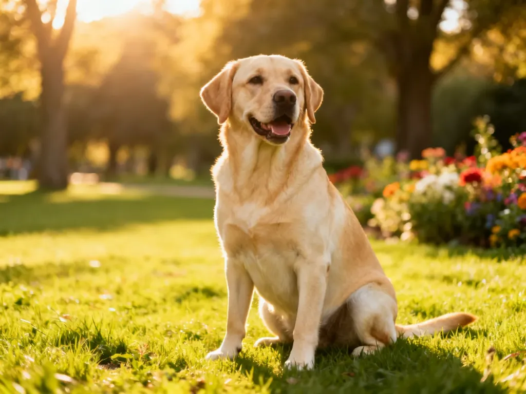 Dorosły labrador o złotym umaszczeniu siedzący na zielonym trawniku w słonecznym parku.