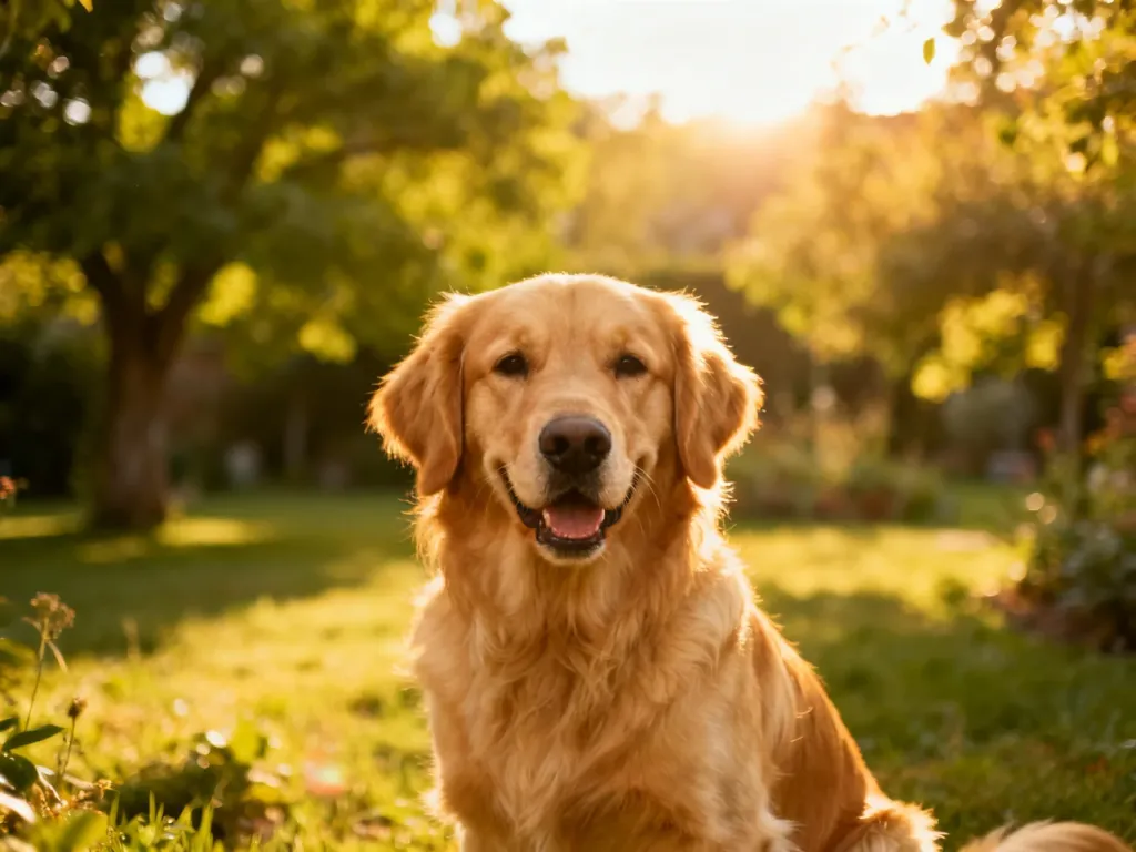 Złocisty golden retriever siedzący w słonecznym ogrodzie, patrzący przyjaźnie w stronę obiektywu.