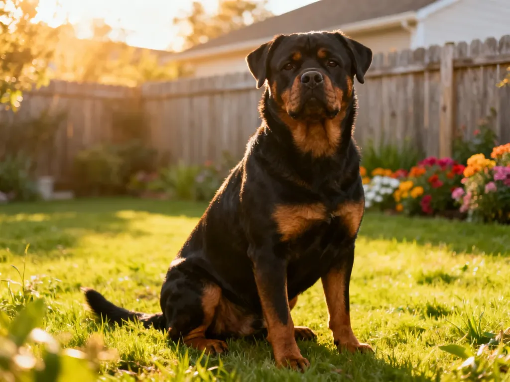 Dostojny rottweiler siedzący spokojnie w słonecznym ogrodzie, prezentujący zdrową sylwetkę i czujne spojrzenie.