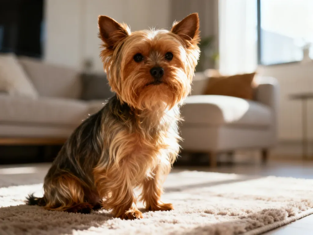 Zadbany Yorkshire Terrier siedzący na miękkim dywanie w przytulnym, słonecznym salonie.