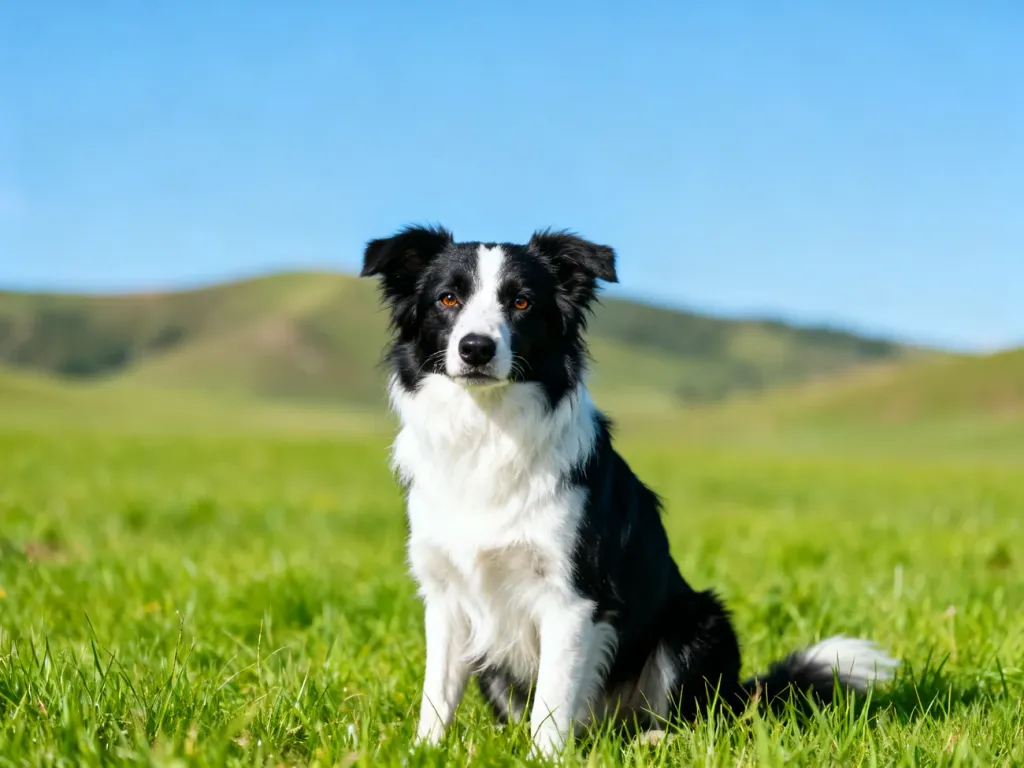 Czarno-biały pies rasy Border Collie siedzący na zielonej łące w słoneczny dzień.