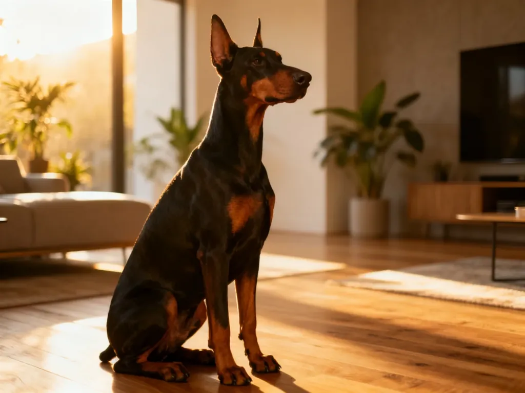 Dostojny doberman siedzący w nowoczesnym, słonecznym salonie. Pies prezentuje się elegancko w domowym otoczeniu.