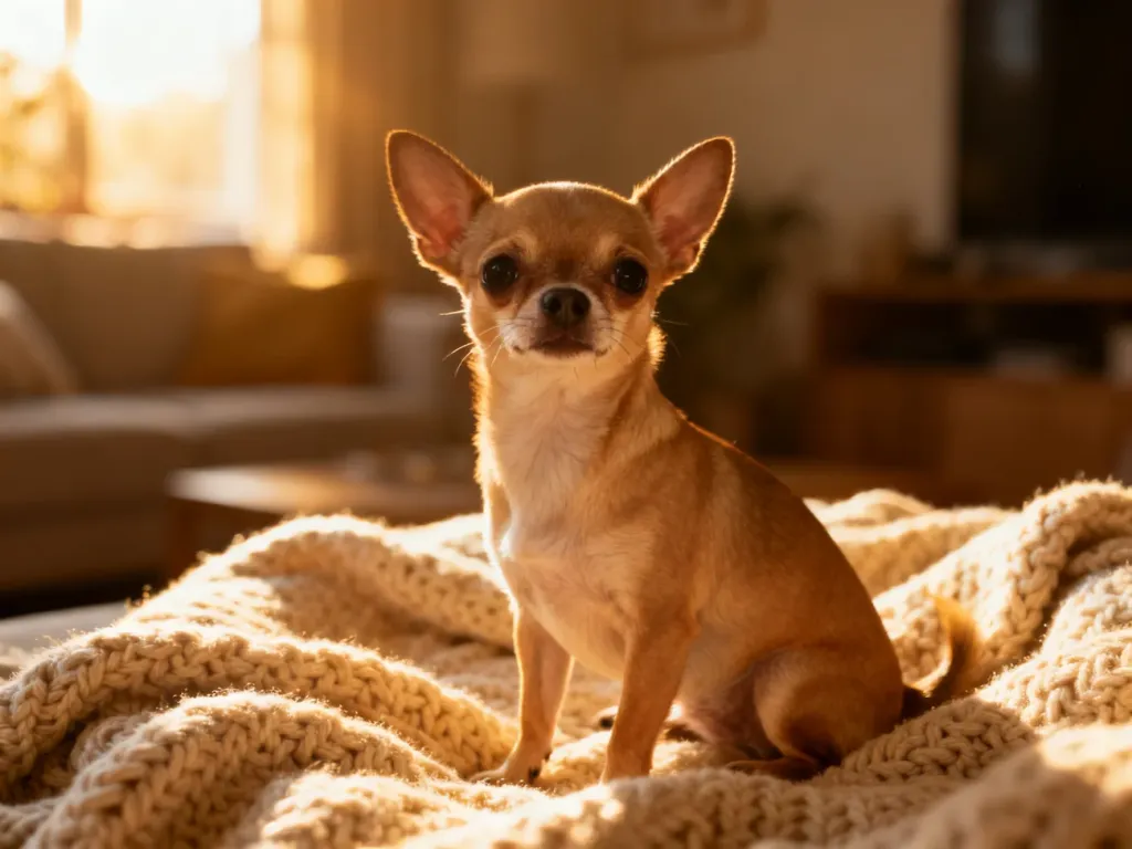Krótkowłosy chihuahua siedzący na miękkim, dzianinowym kocu w przytulnym, słonecznym wnętrzu.