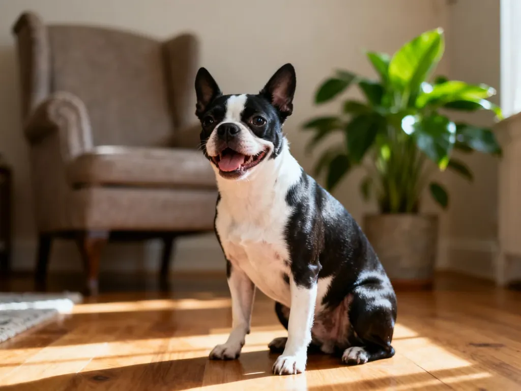 Szczęśliwy Boston terrier siedzący na drewnianej podłodze w przytulnym, nasłonecznionym salonie.