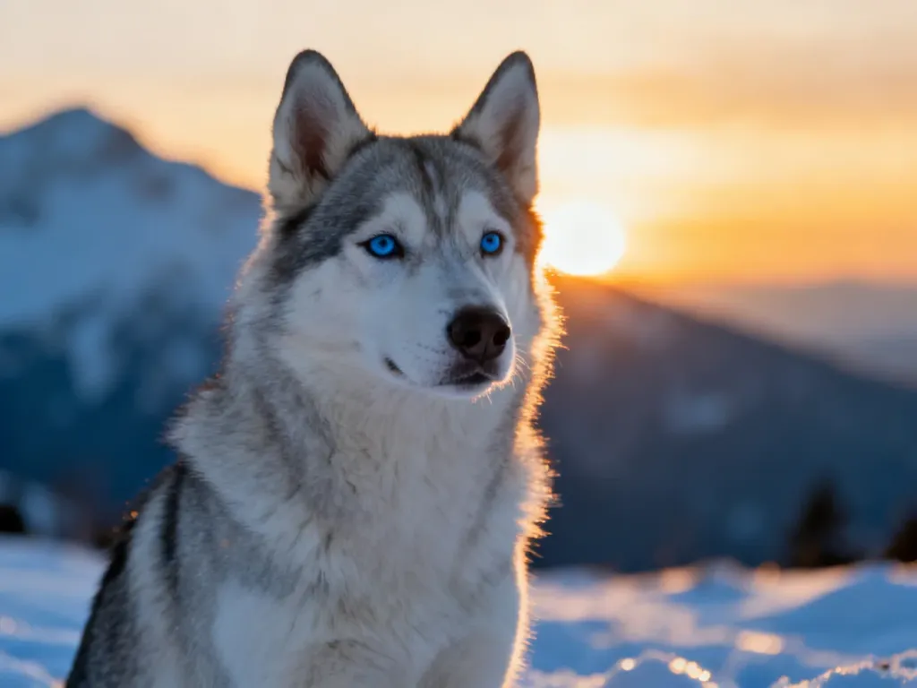 Siedzący husky syberyjski o niebieskich oczach na tle ośnieżonych gór w świetle zachodzącego słońca.