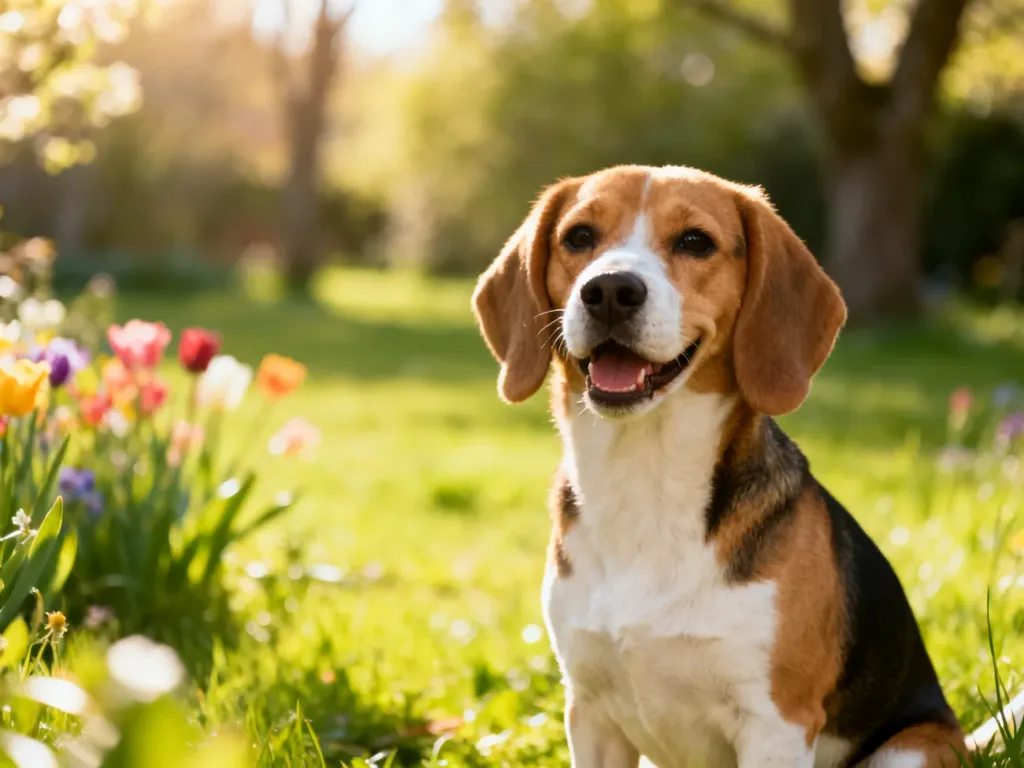 Przyjazny pies rasy beagle o trójkolorowym umaszczeniu siedzi w słonecznym, zielonym ogrodzie.