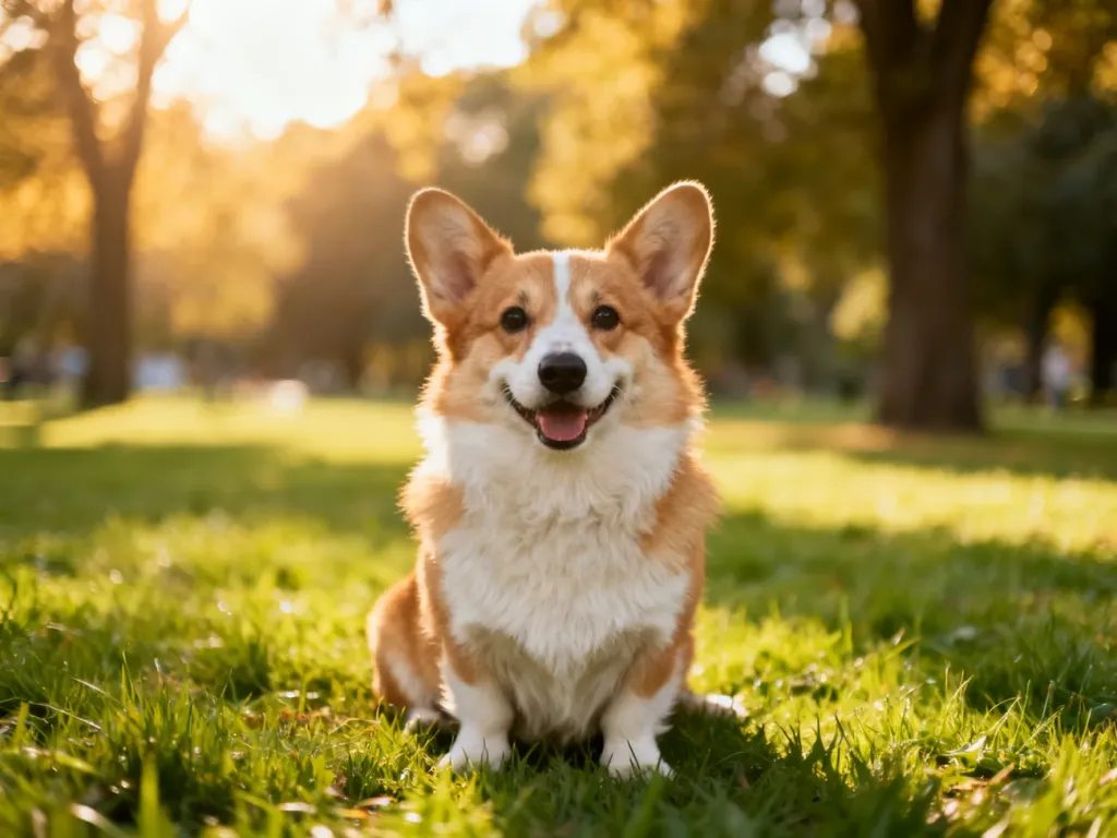 Szczęśliwy pies rasy Pembroke Welsh Corgi siedzący na zielonej trawie w słonecznym parku.